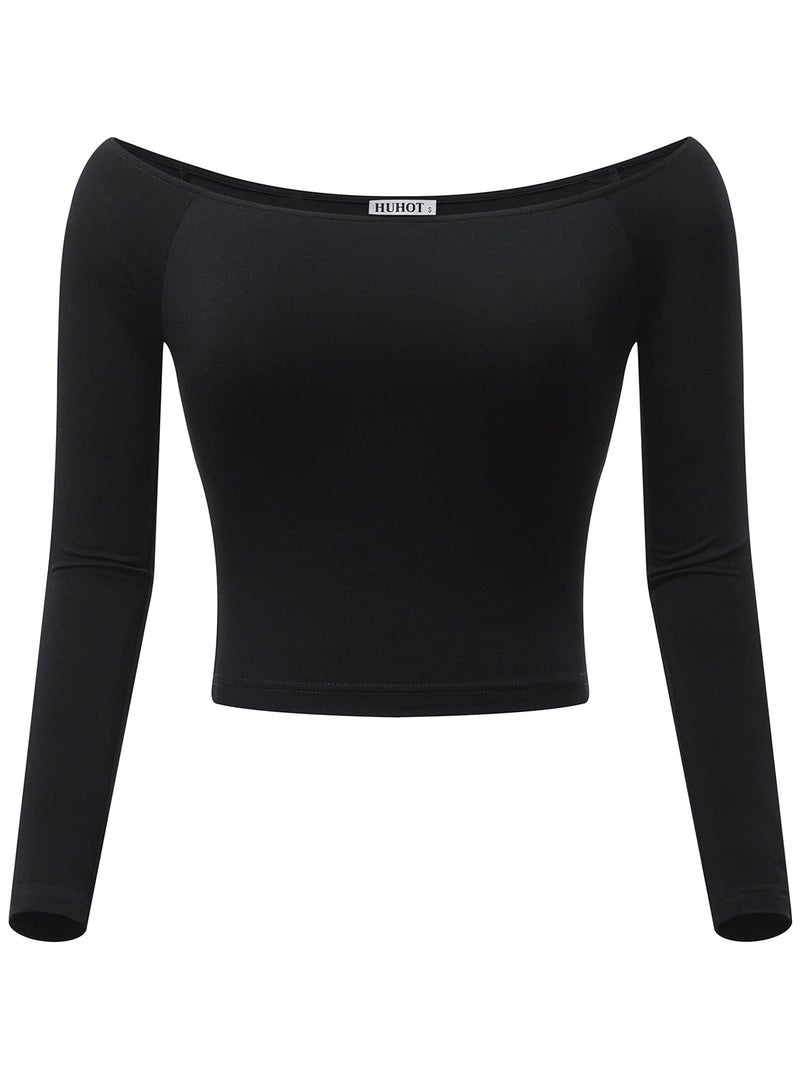 HUHOT Basic Off The Shoulder Long Sleeve Crop Top Black Kim Possible Costume Fit and Blouse Top Womens - Image 3